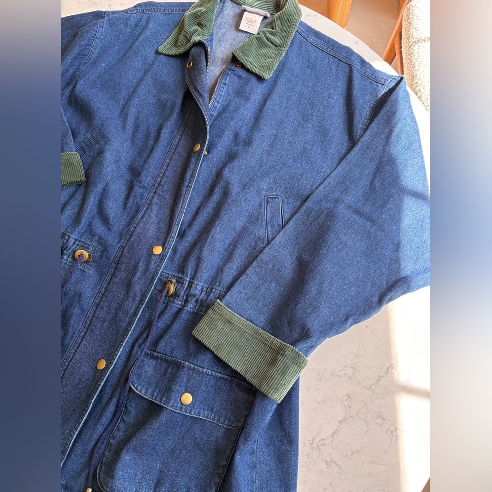 Vintage 90s Blue Denim Chore Jacket with Green Corduroy Collar - Picture 3 of 8